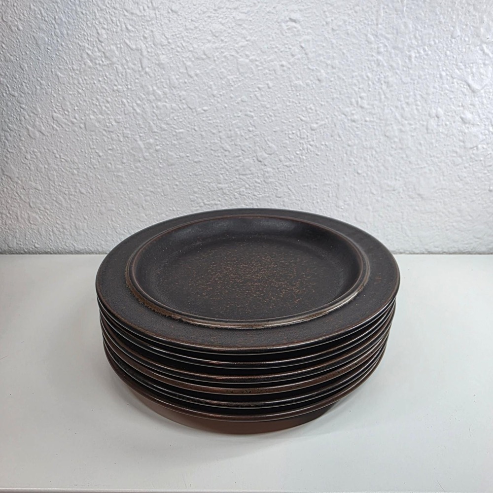 Set of 6 Dark Brown Speckled Stoneware Dinner Plates Rustic Farmhouse Tableware